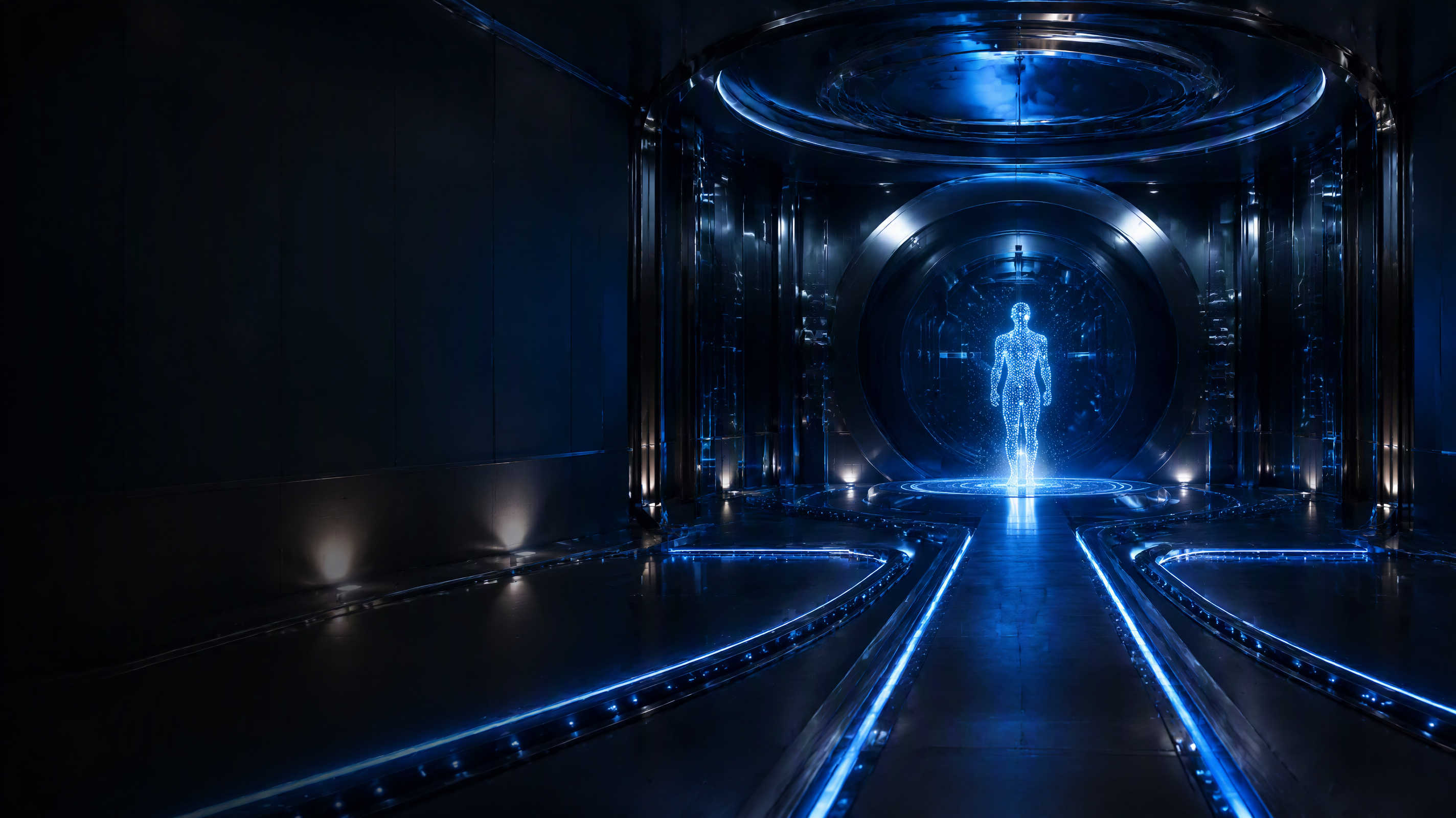 A luminous talent figure secured inside a futuristic architectural vault