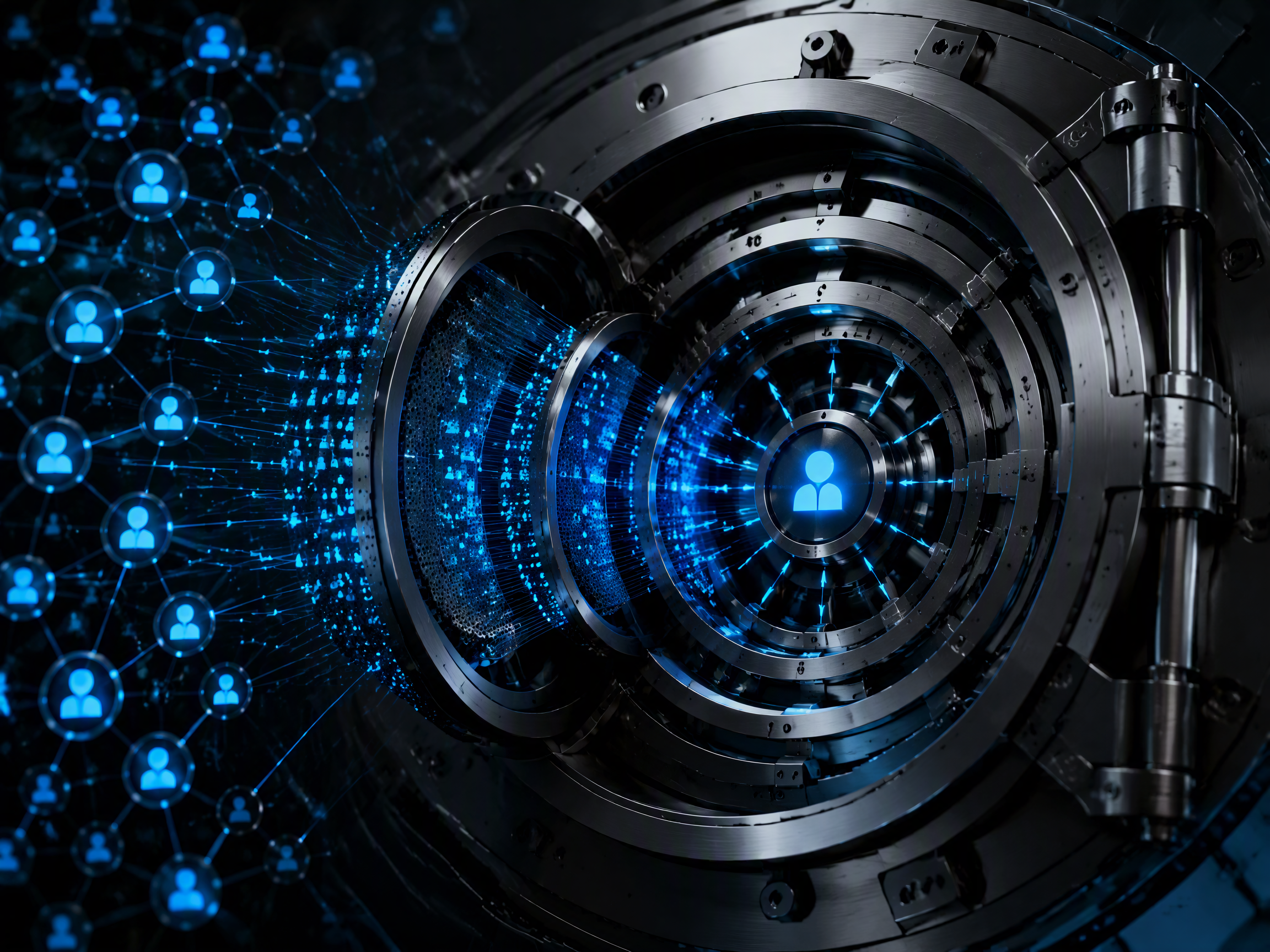 Candidate network flowing through a precise metallic vault mechanism toward one selected professional